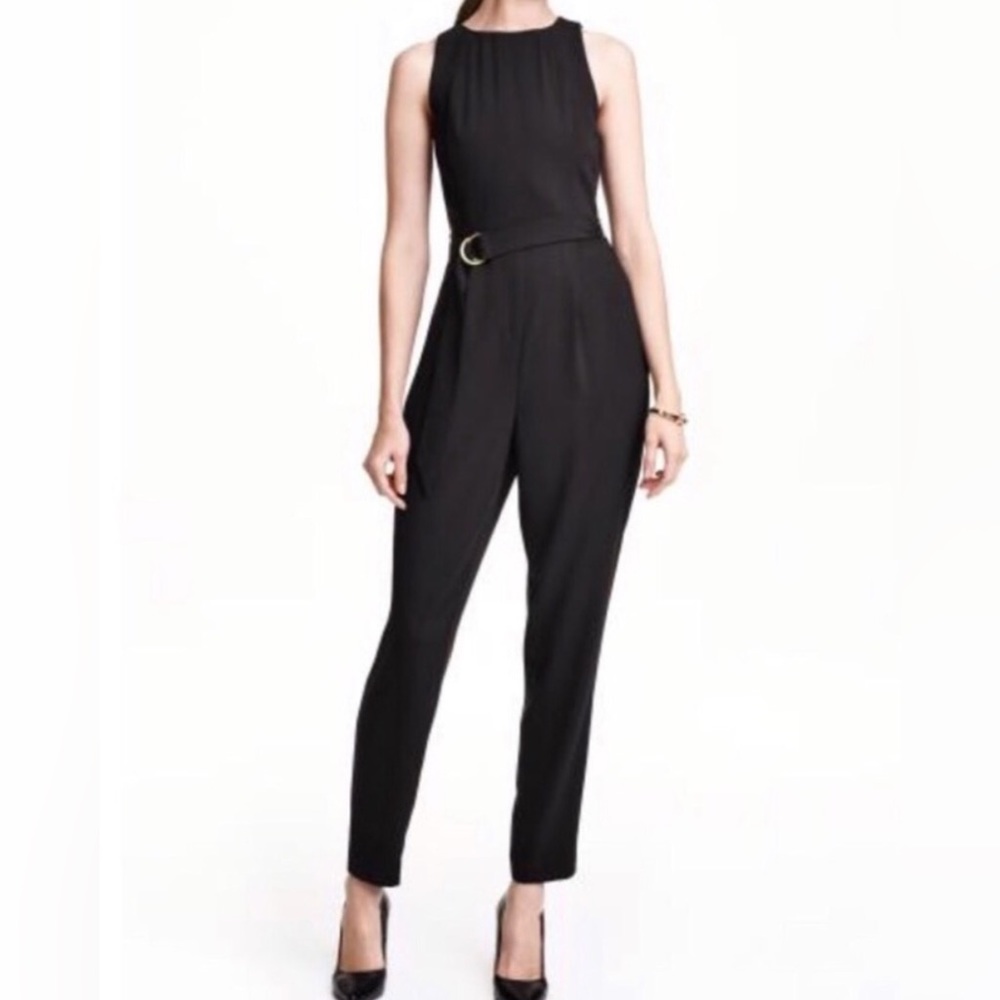 H&M Black Sleeveless Jumpsuit with back cutout & gold buttons missing belt, S 06